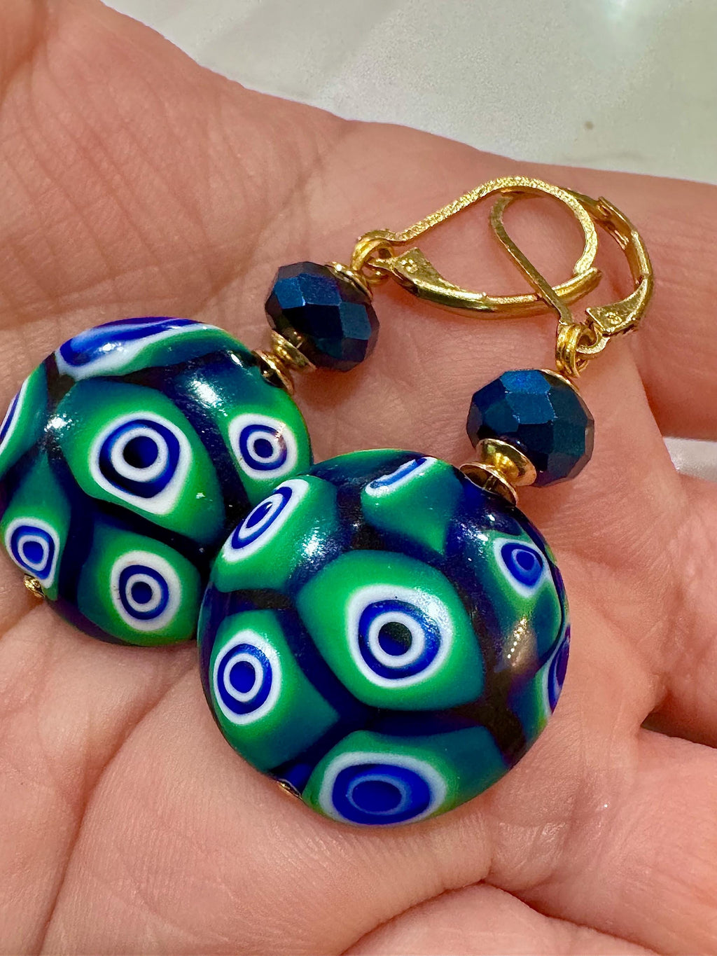 Handmade Sterling Silver Ercole Moretti Millefiori Deep Green & Cobalt Blue Beaded Earrings