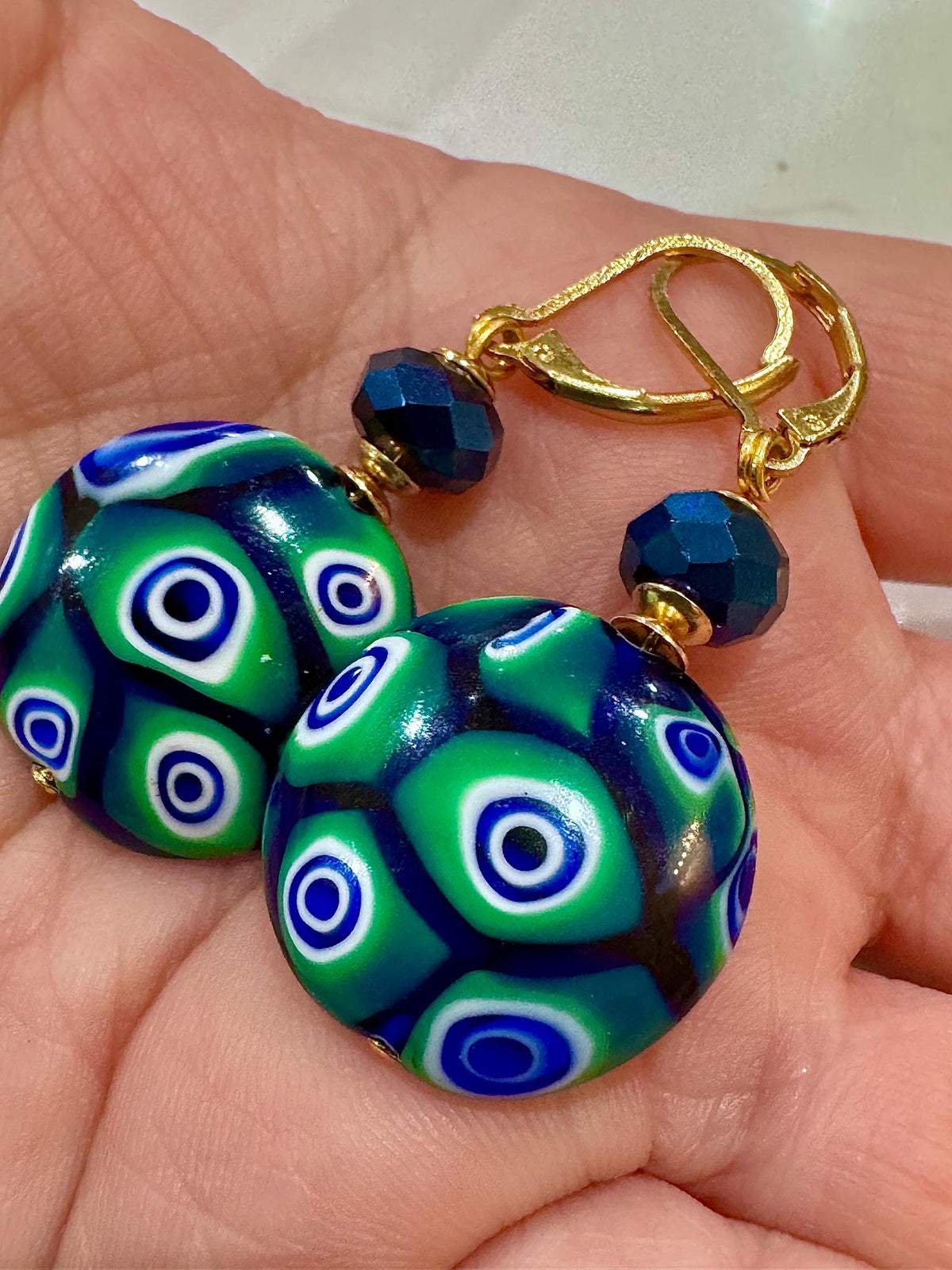 Handmade Sterling Silver Ercole Moretti Millefiori Deep Green & Cobalt Blue Beaded Earrings