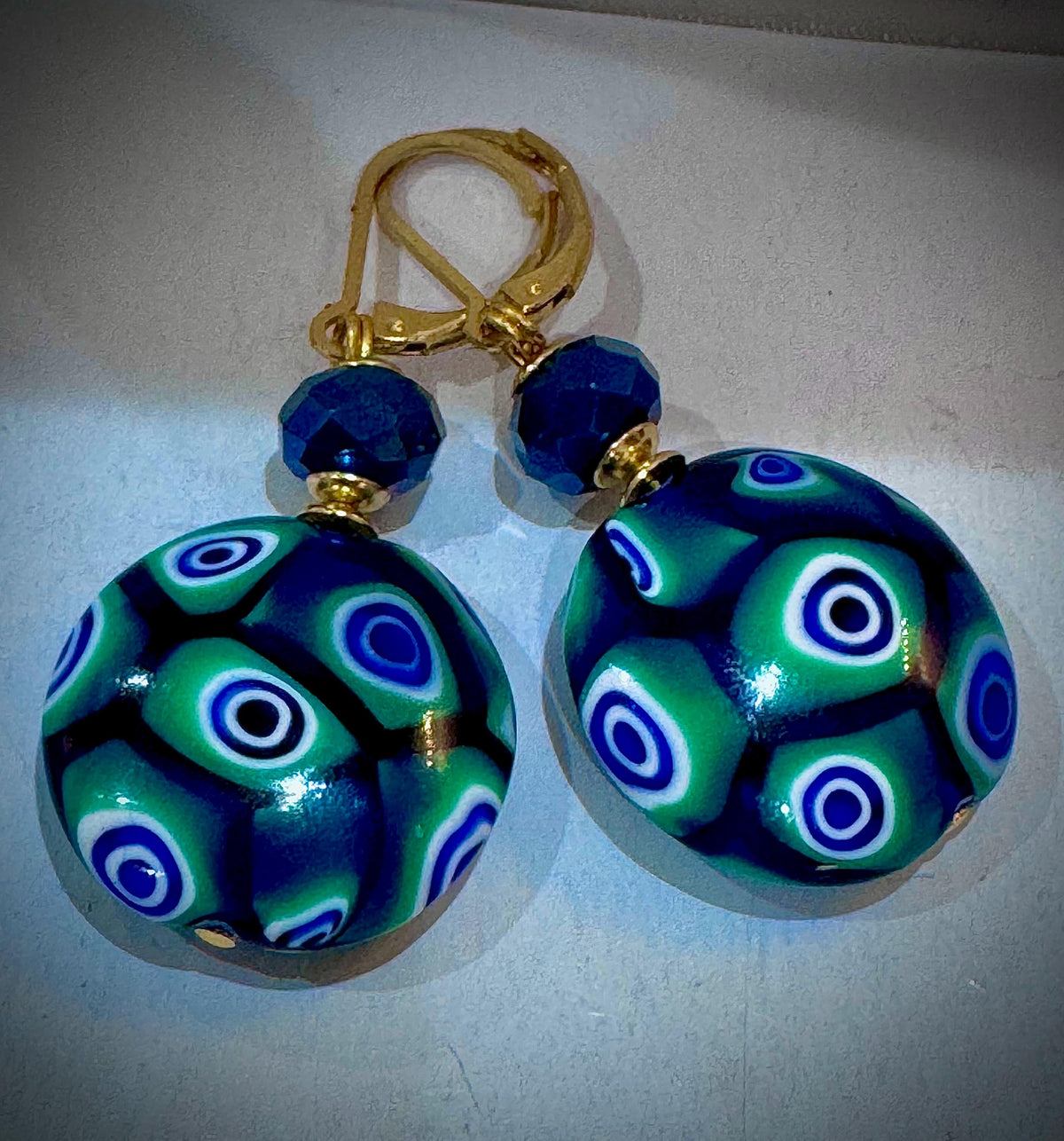 Handmade Sterling Silver Ercole Moretti Millefiori Deep Green & Cobalt Blue Beaded Earrings