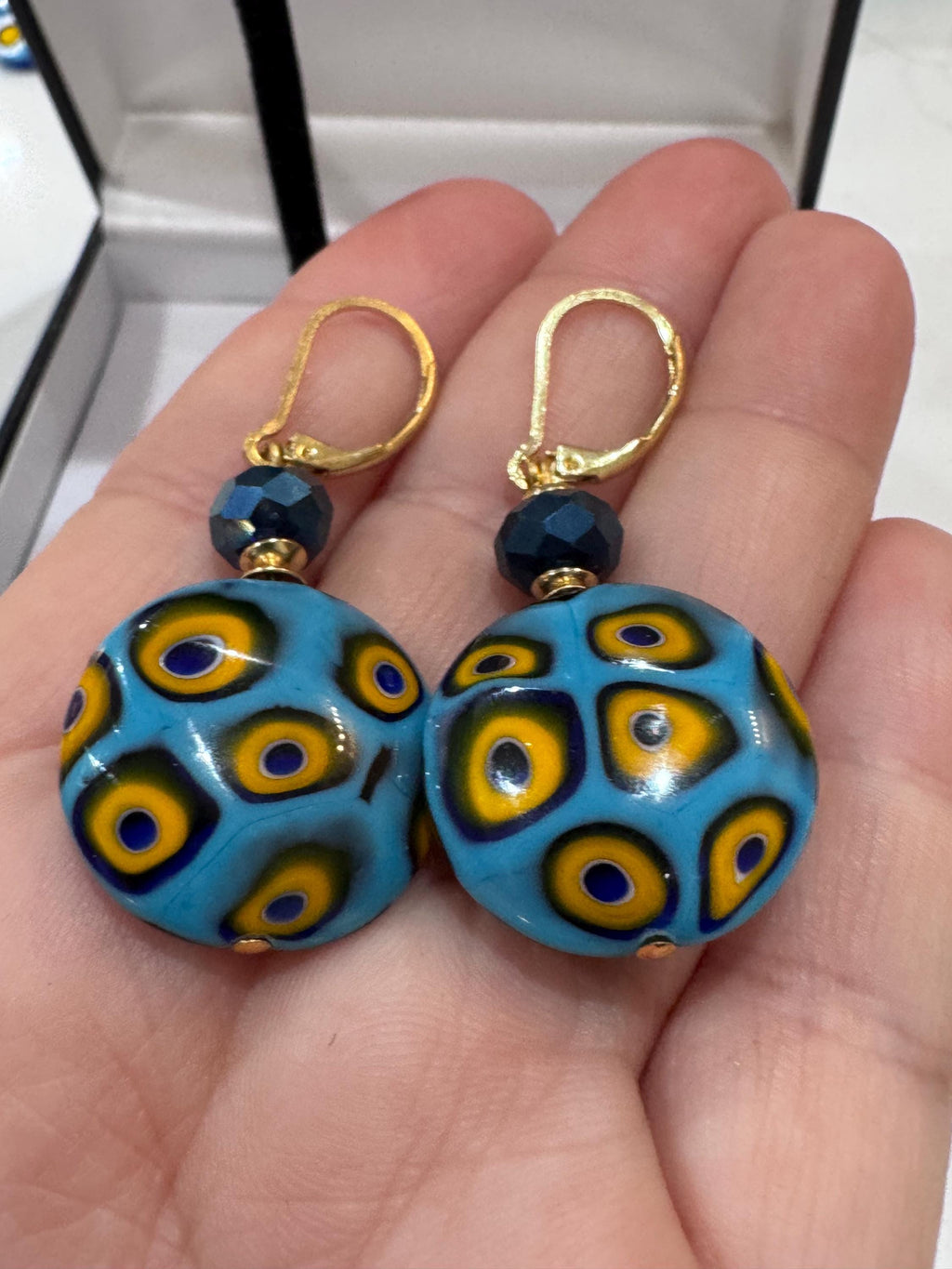 Handmade Sterling Silver Ercole Moretti Millefiori Aqua & Gold Beaded Earrings