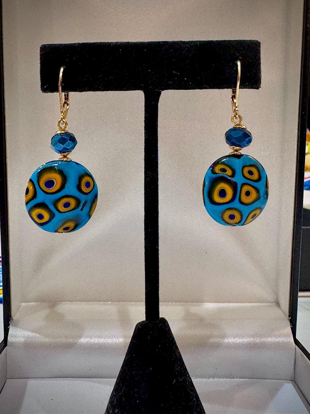 Handmade Sterling Silver Ercole Moretti Millefiori Aqua & Gold Beaded Earrings