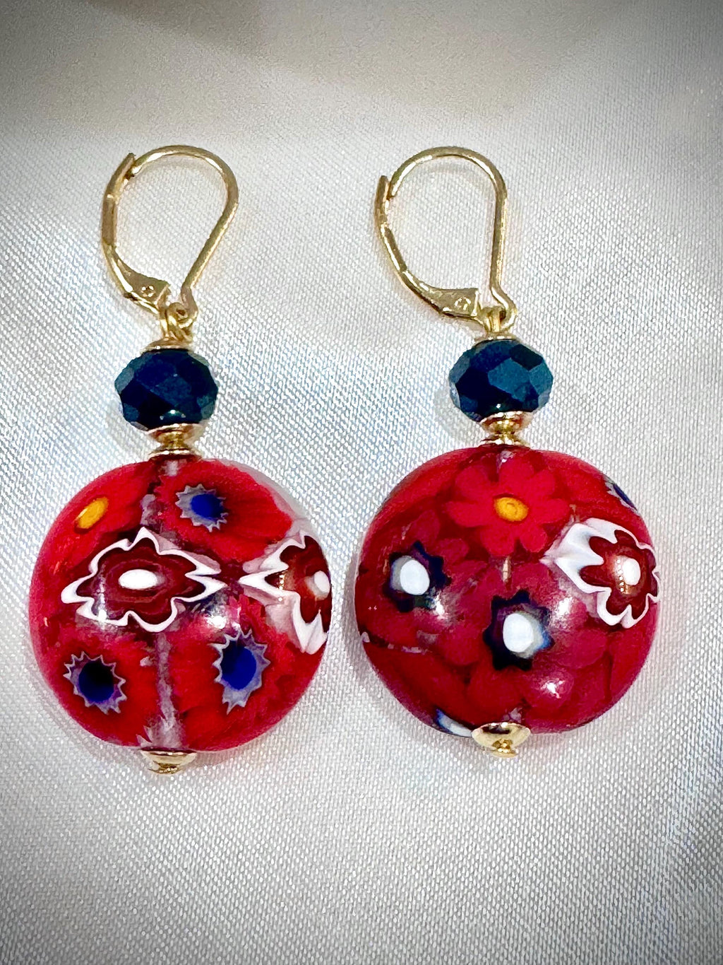 Handmade Sterling Silver Ercole Moretti Millefiori Red & Cobalt Blue Beaded Earrings