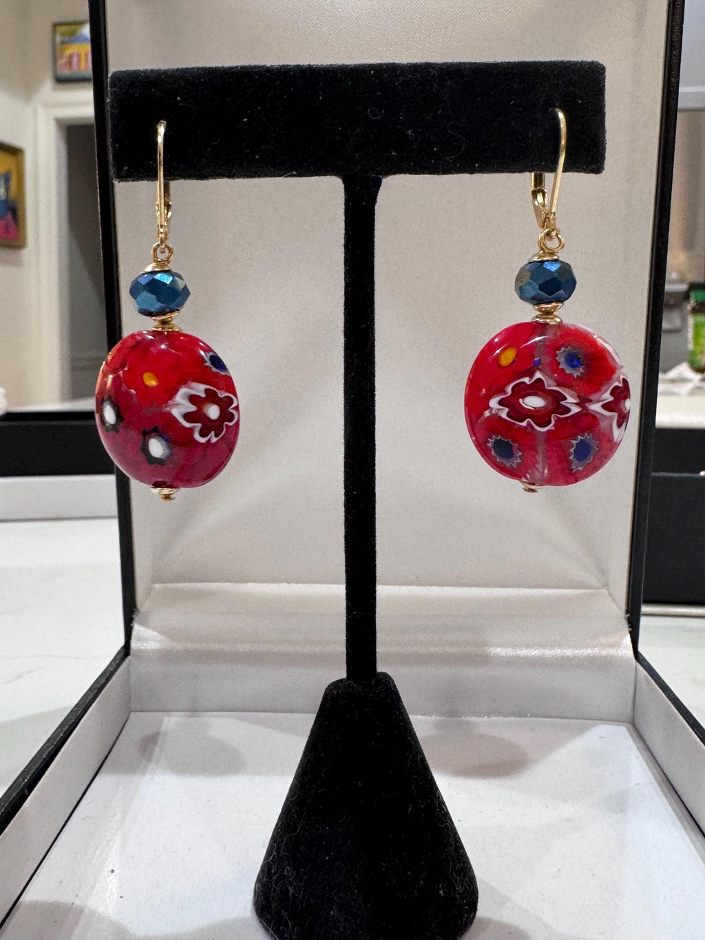 Handmade Sterling Silver Ercole Moretti Millefiori Red & Cobalt Blue Beaded Earrings