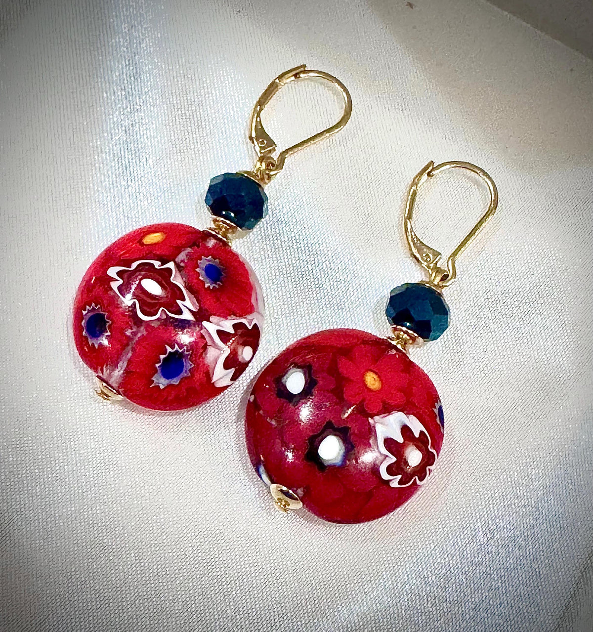 Handmade Sterling Silver Ercole Moretti Millefiori Red & Cobalt Blue Beaded Earrings
