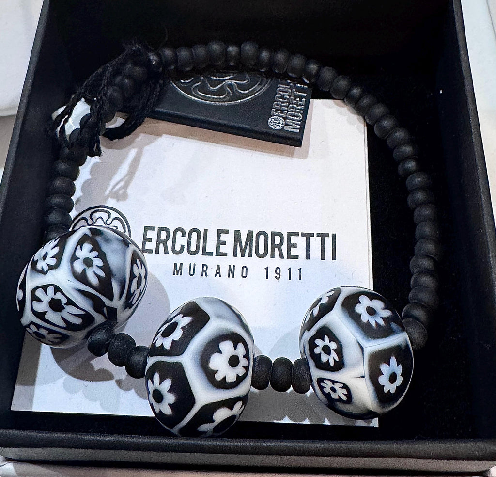 Ercole Moretti Murano Beaded Bracelet - Black and White Egg Bead