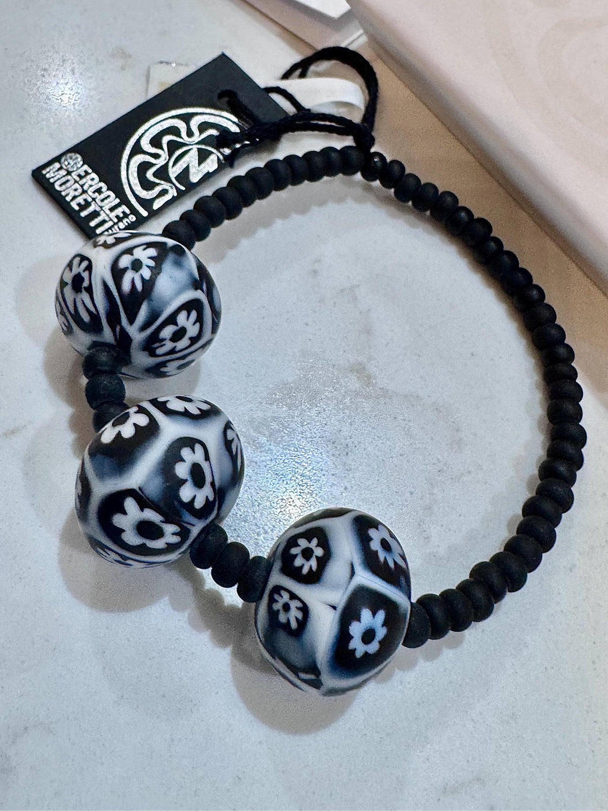 Ercole Moretti Murano Beaded Bracelet - Black and White Egg Bead