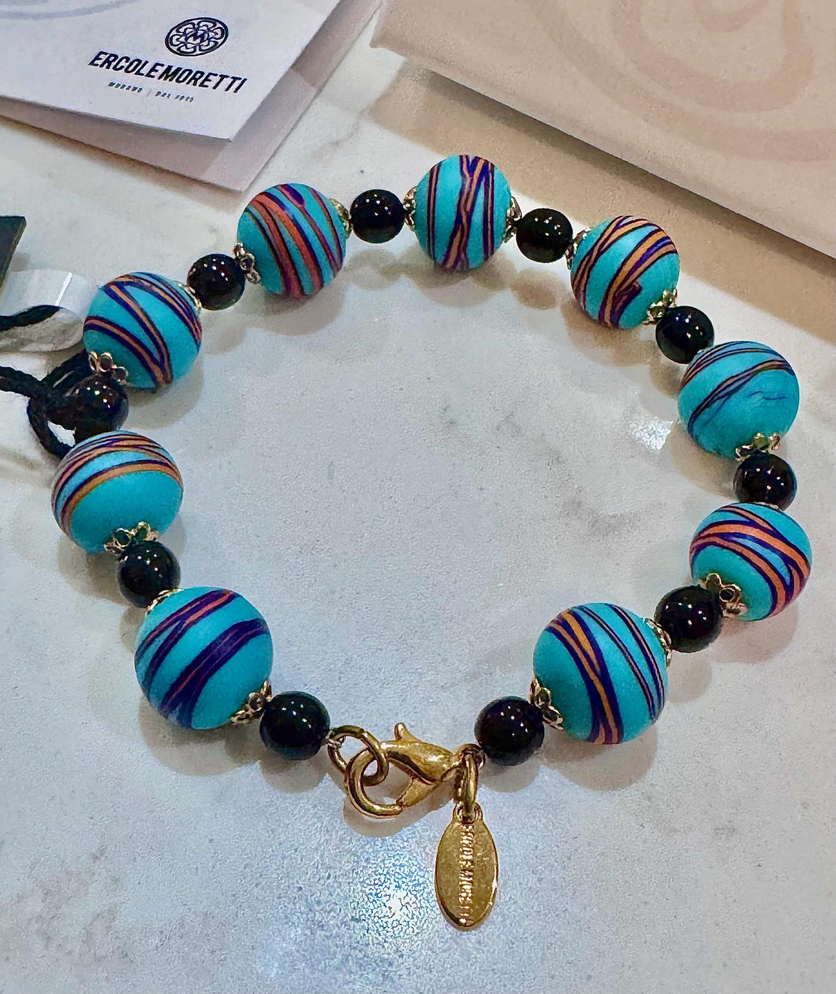 Ercole Moretti Beaded Bracelet Torquoise French Ribbon Bead