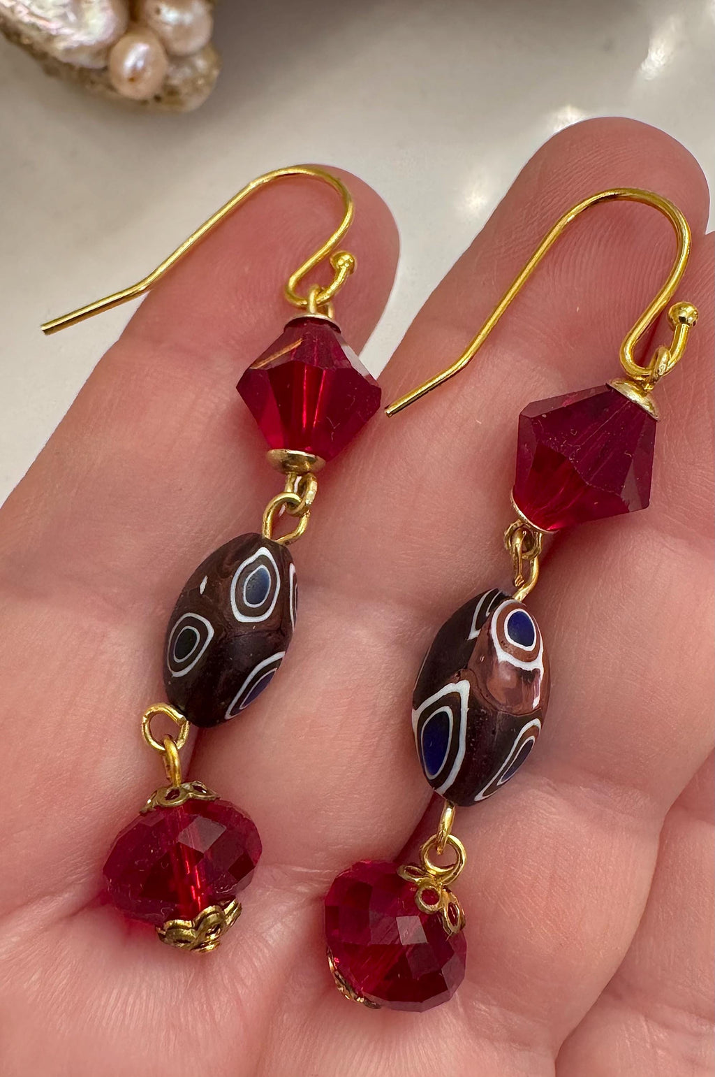 Vintage Ercole Moretti Murano Glass Earrings, Red Crystal, Gold Vermeil