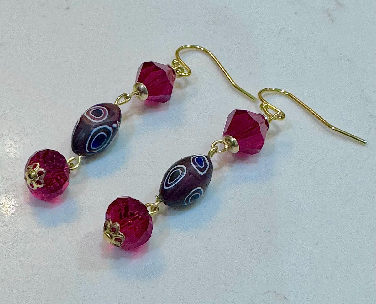 Vintage Ercole Moretti Murano Glass Earrings, Red Crystal, Gold Vermeil