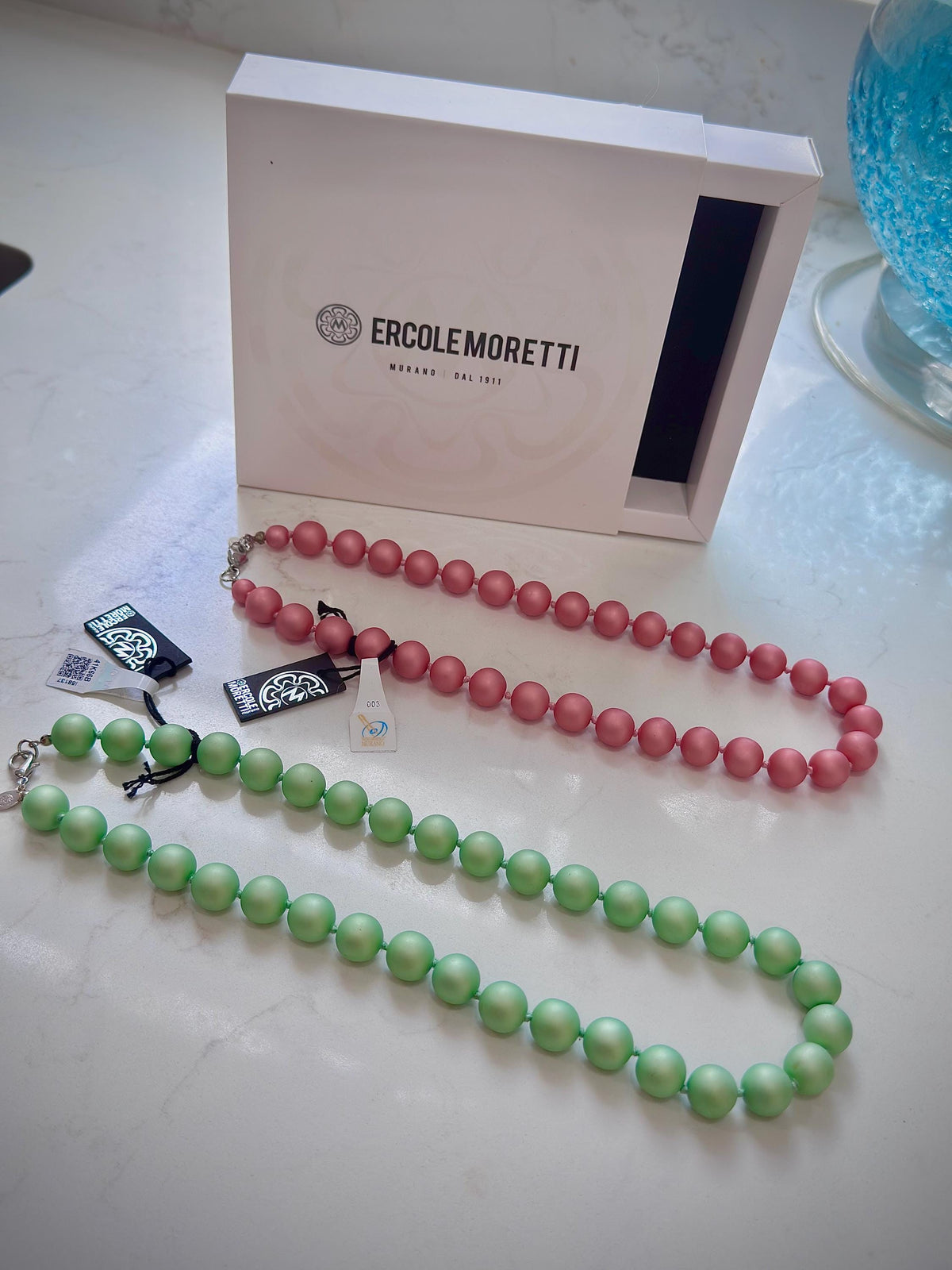 Ercole Moretti Seafoam Green Murano Glass Necklace, Vintage NWT