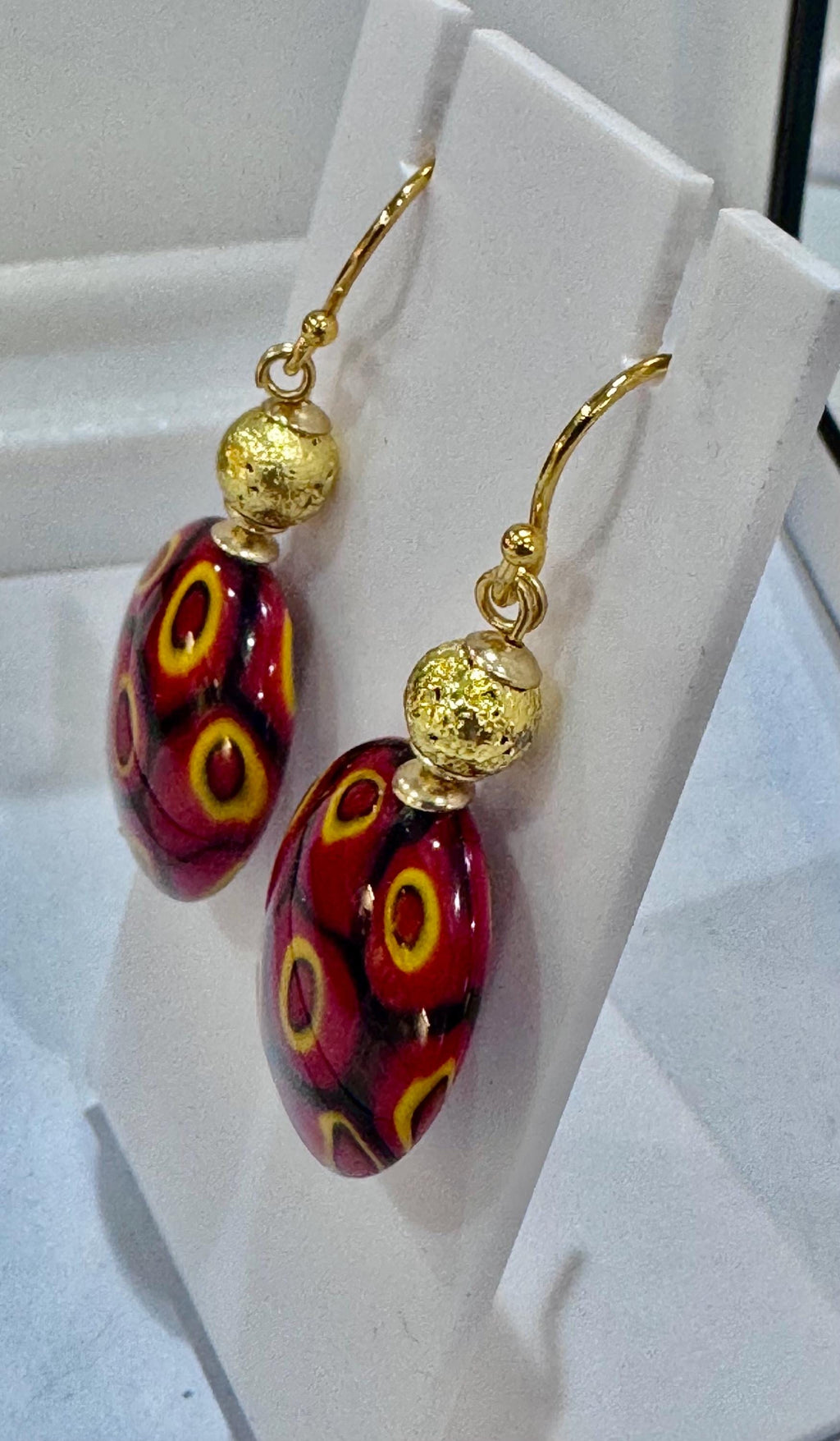 Handmade Sterling Silver Ercole Moretti Millefiori Deep Red & Orange Beaded Earrings