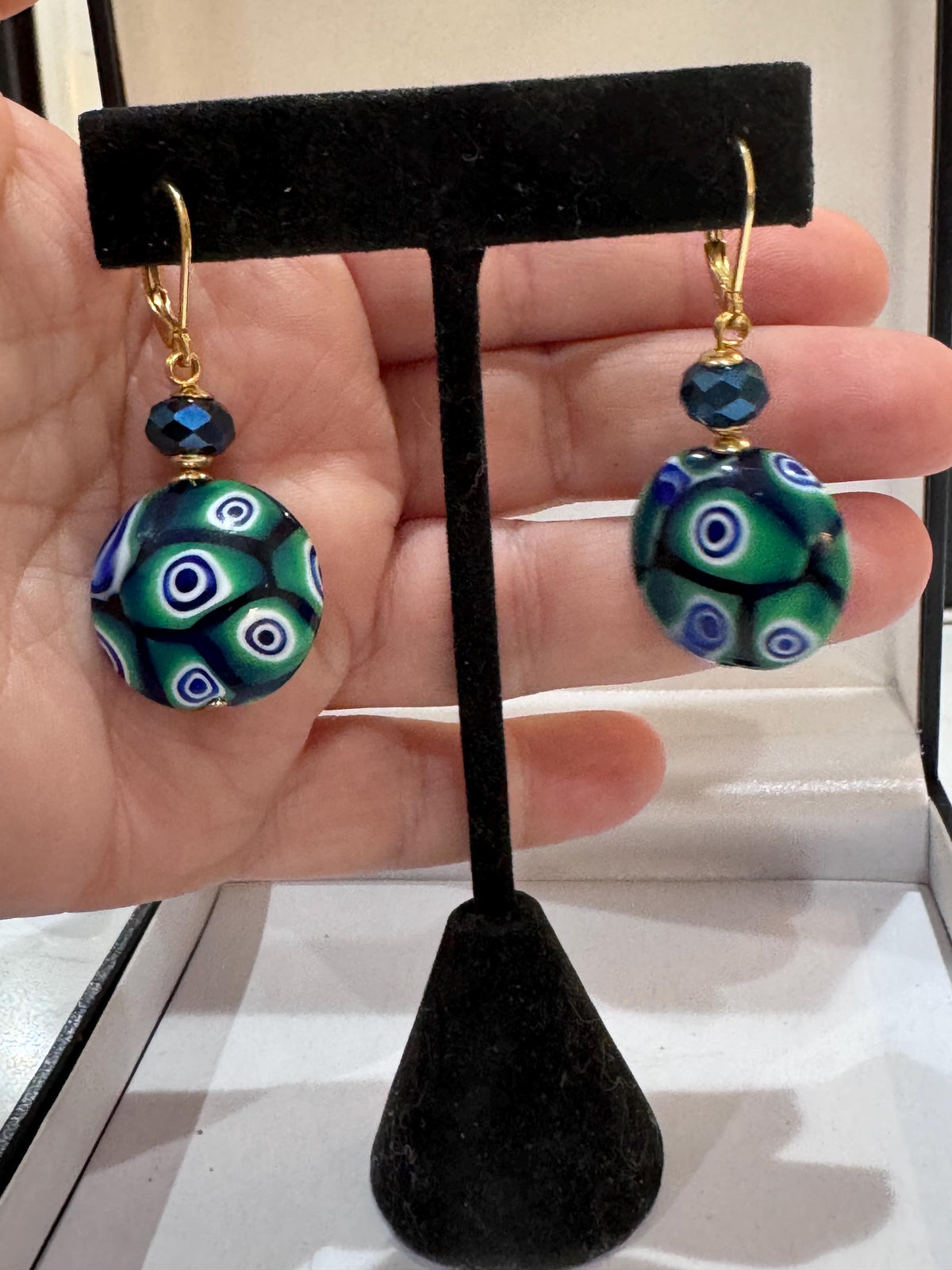 Handmade Sterling Silver Ercole Moretti Millefiori Deep Green & Cobalt Blue Beaded Earrings