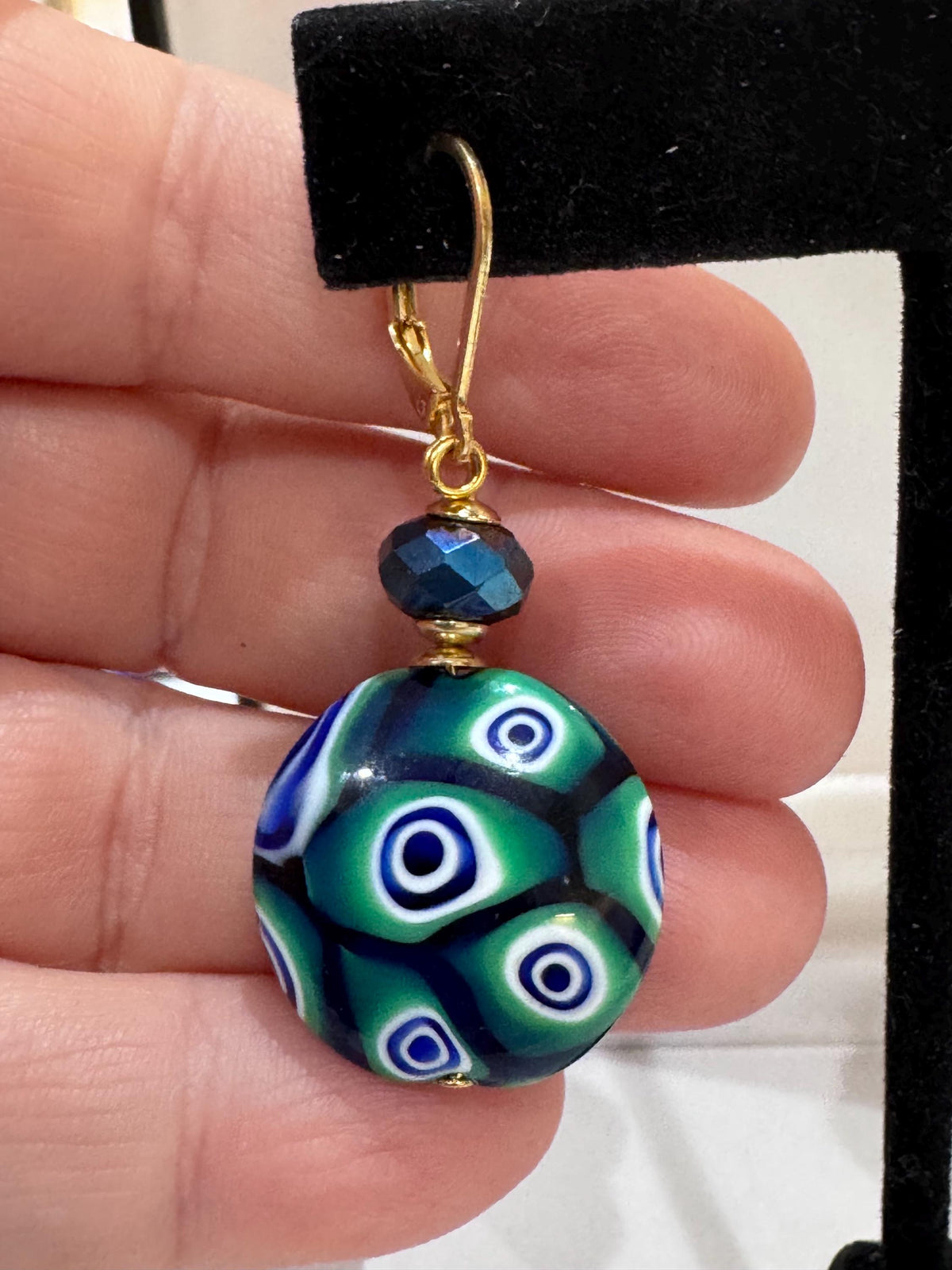Handmade Sterling Silver Ercole Moretti Millefiori Deep Green & Cobalt Blue Beaded Earrings