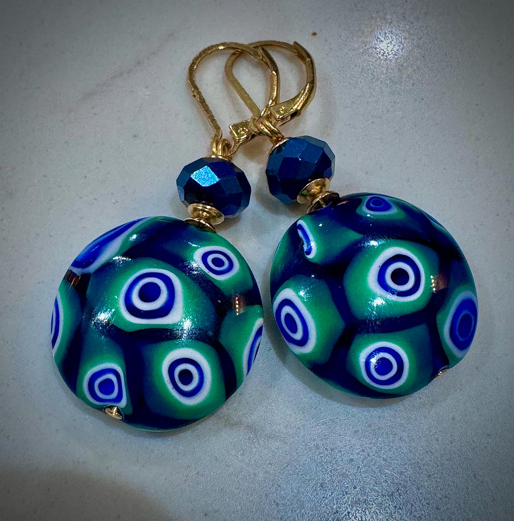 Handmade Sterling Silver Ercole Moretti Millefiori Deep Green & Cobalt Blue Beaded Earrings