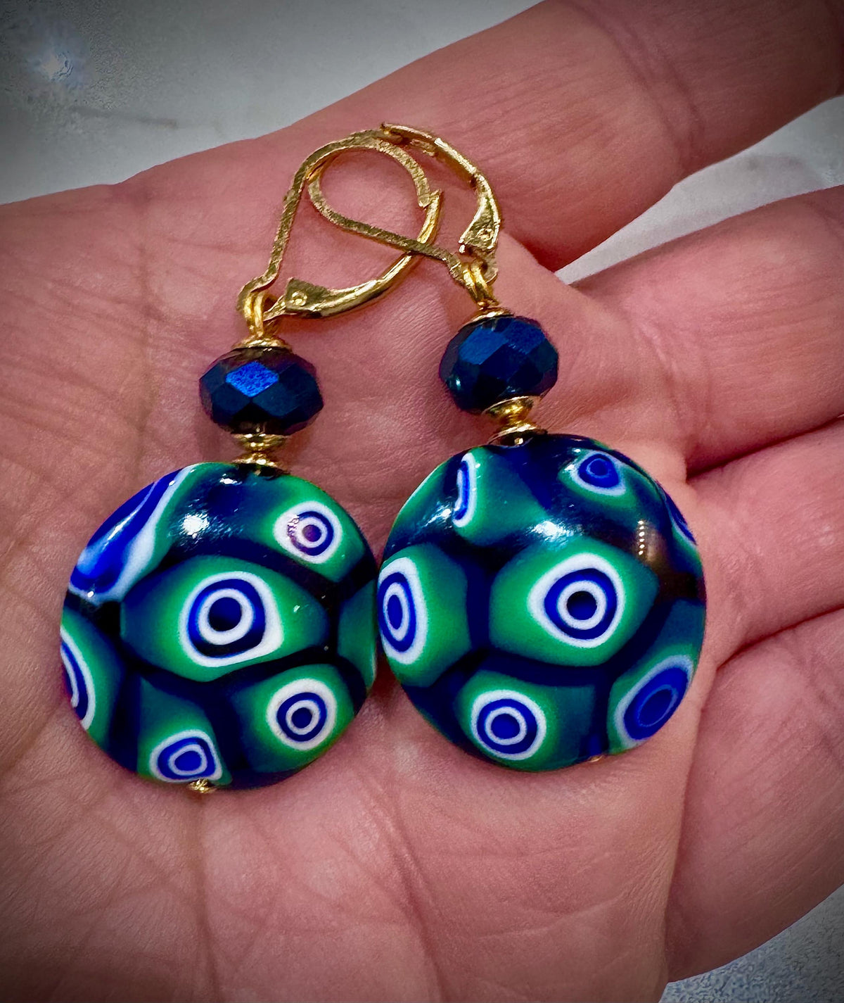 Handmade Sterling Silver Ercole Moretti Millefiori Deep Green & Cobalt Blue Beaded Earrings
