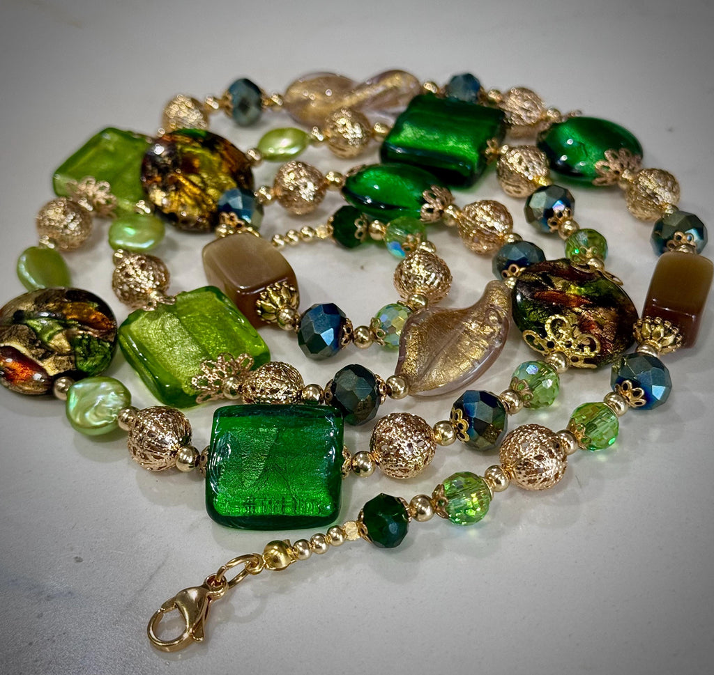 Rosario Leonardi Green & Gold Millefiori Lampwork Murano Glass Necklace