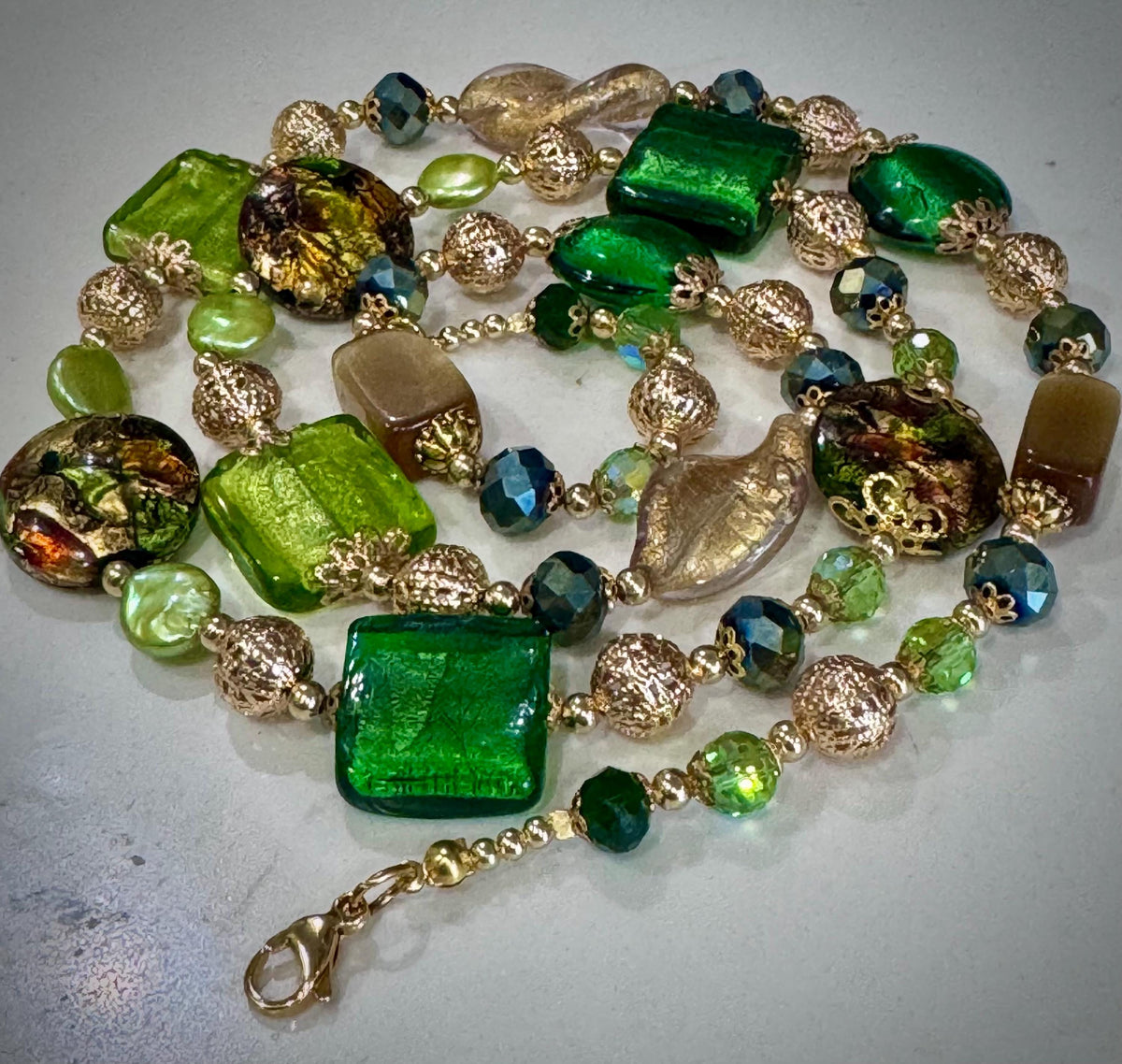 Rosario Leonardi Green & Gold Millefiori Lampwork Murano Glass Necklace