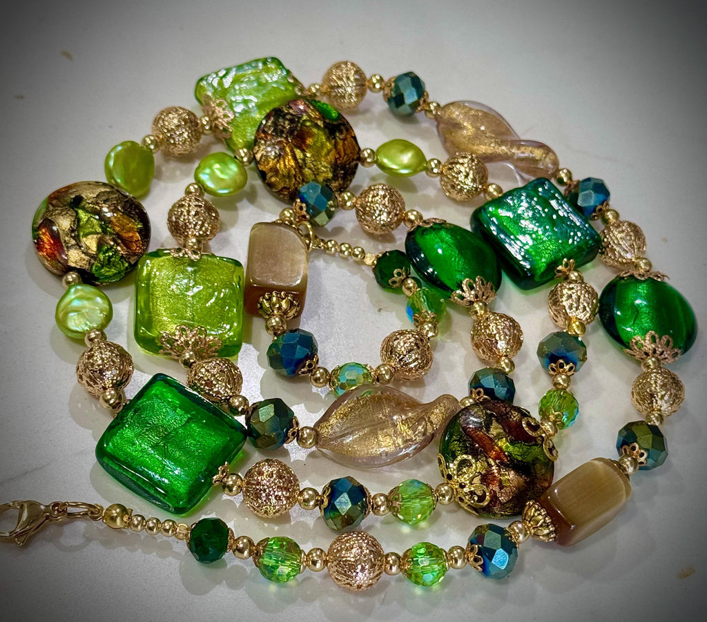 Rosario Leonardi Green & Gold Millefiori Lampwork Murano Glass Necklace