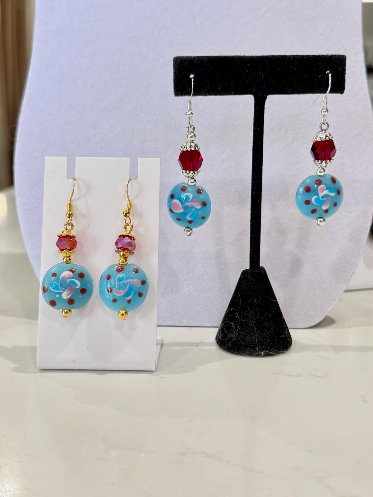 Handmade Murano Millefiori Earrings, Powder Blue, Pink, Sterling Silver Hooks