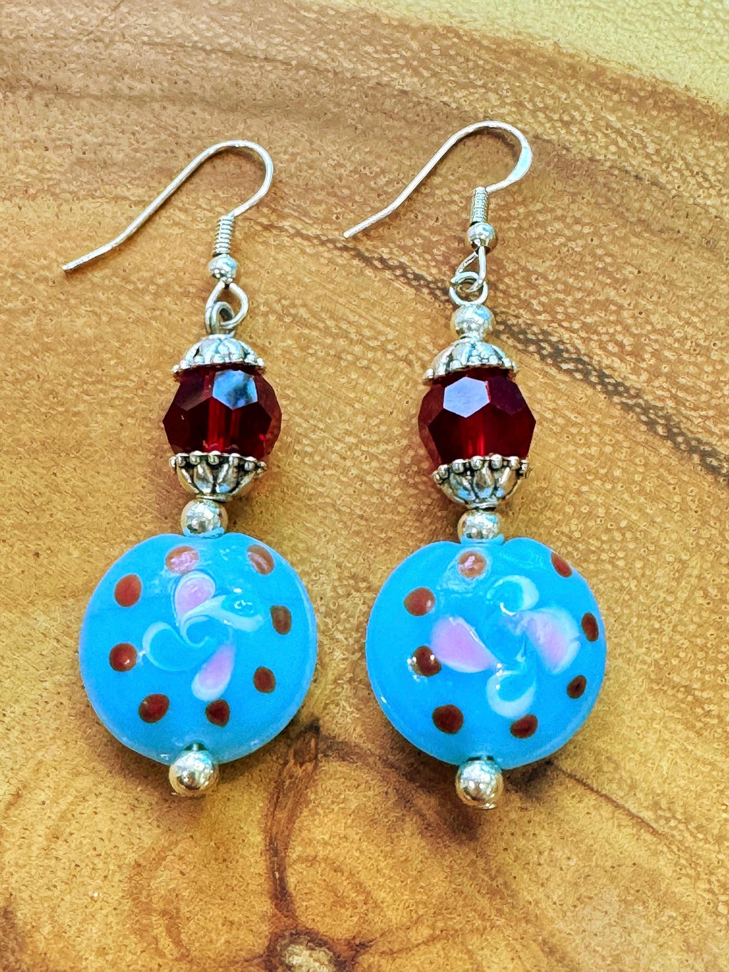 Handmade Murano Millefiori Earrings, Powder Blue, Pink, Sterling Silver Hooks
