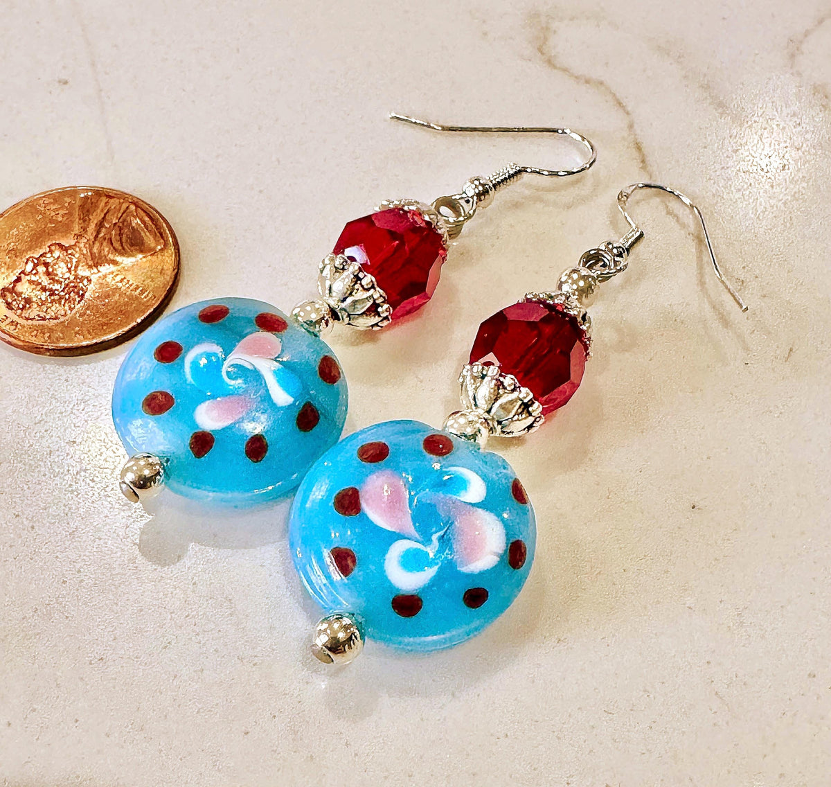 Handmade Murano Millefiori Earrings, Powder Blue, Pink, Sterling Silver Hooks