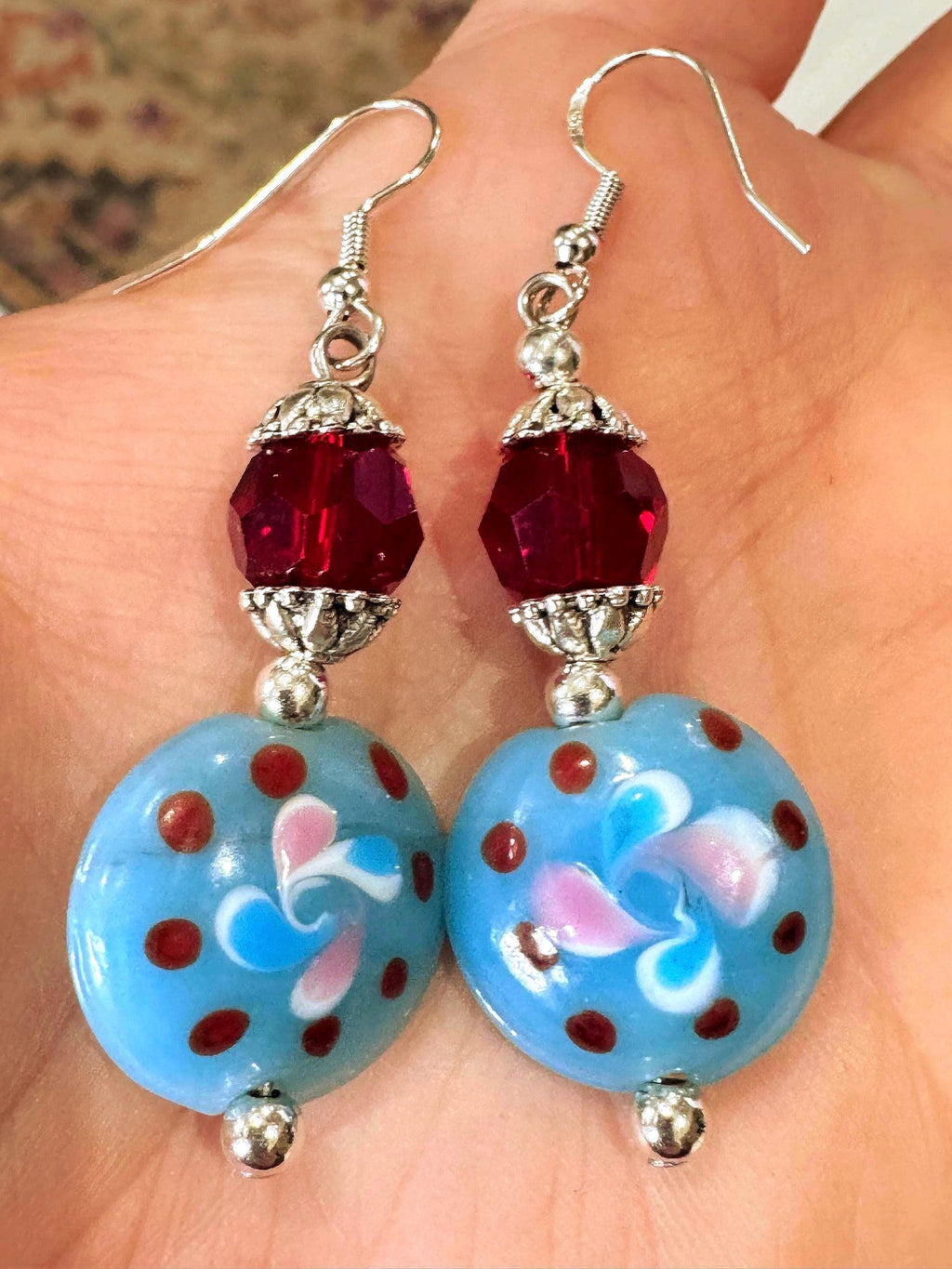 Handmade Murano Millefiori Earrings, Powder Blue, Pink, Sterling Silver Hooks