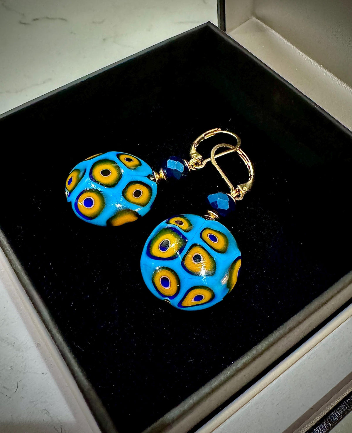 Handmade Sterling Silver Ercole Moretti Millefiori Aqua & Gold Beaded Earrings