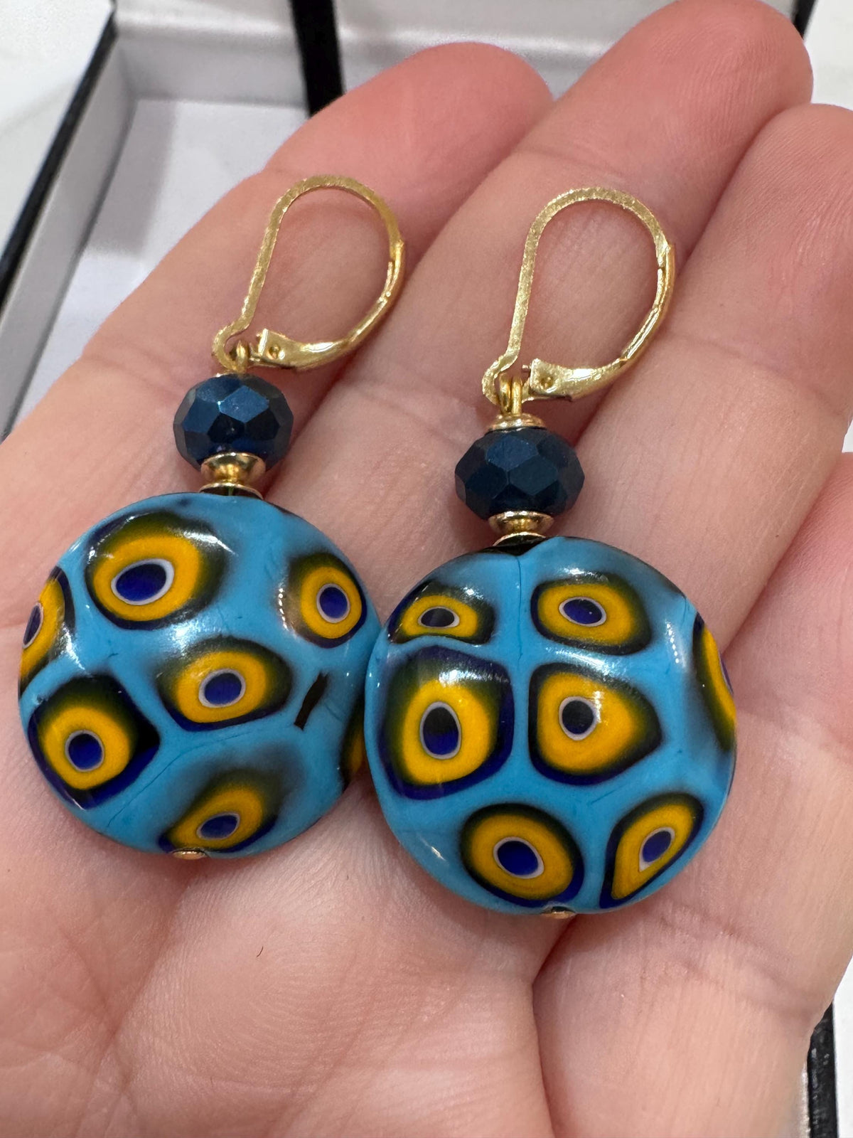 Handmade Sterling Silver Ercole Moretti Millefiori Aqua & Gold Beaded Earrings