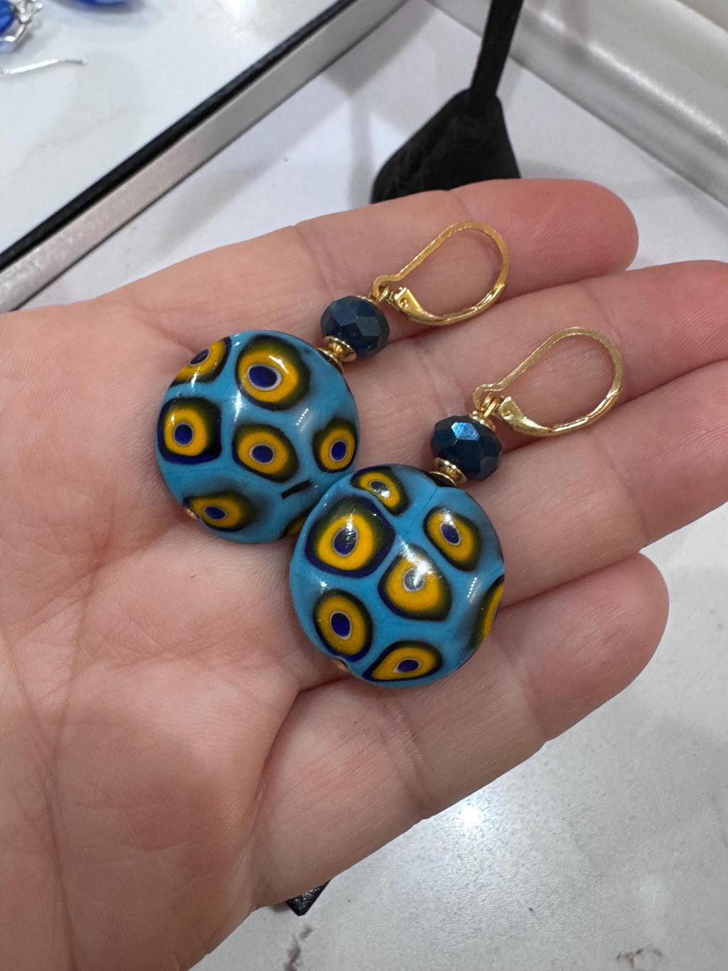 Handmade Sterling Silver Ercole Moretti Millefiori Aqua & Gold Beaded Earrings