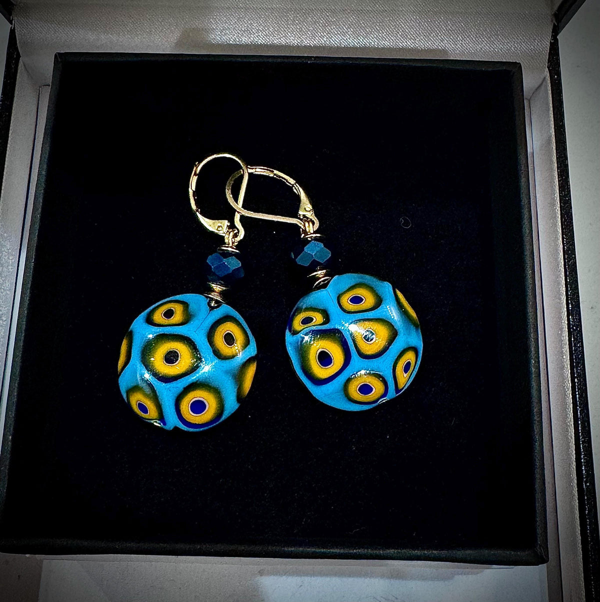 Handmade Sterling Silver Ercole Moretti Millefiori Aqua & Gold Beaded Earrings