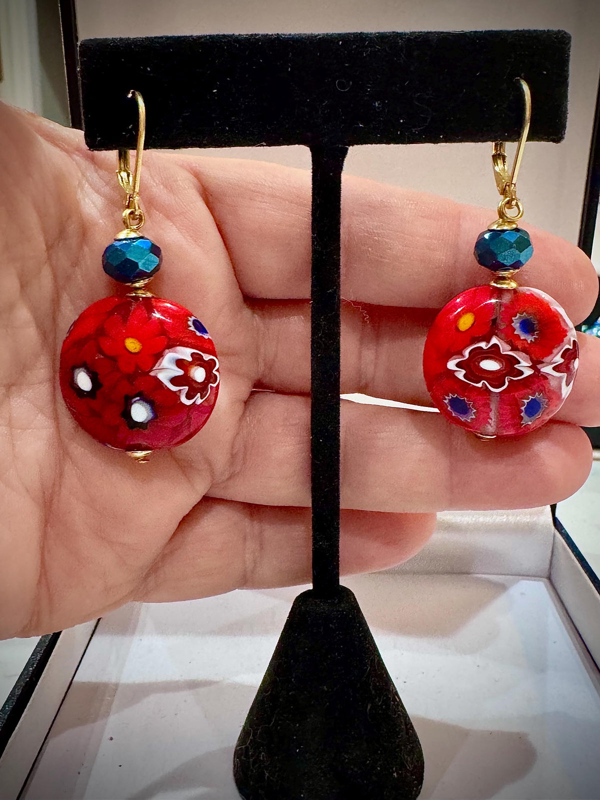 Handmade Sterling Silver Ercole Moretti Millefiori Red & Cobalt Blue Beaded Earrings