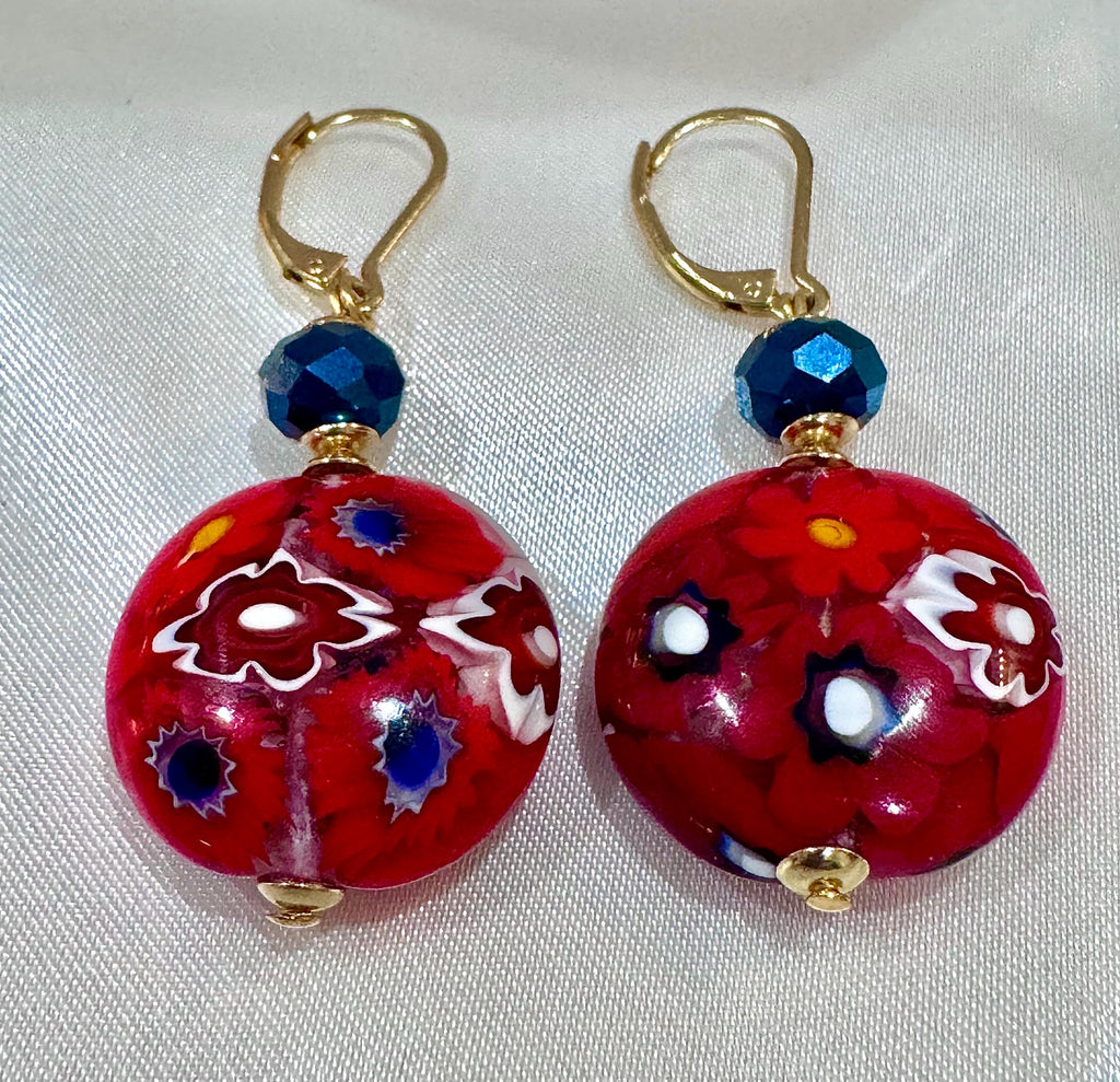 Handmade Sterling Silver Ercole Moretti Millefiori Red & Cobalt Blue Beaded Earrings