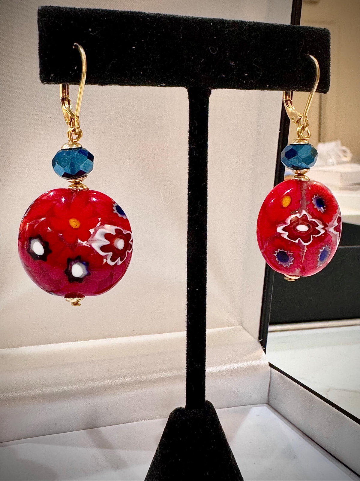 Handmade Sterling Silver Ercole Moretti Millefiori Red & Cobalt Blue Beaded Earrings
