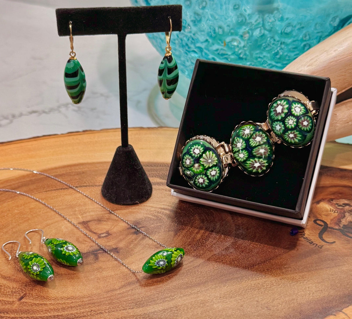 Green with Envy Art Deco Sterling Silver Earrings, Necklace and Vintage Chunky Bracelet Set