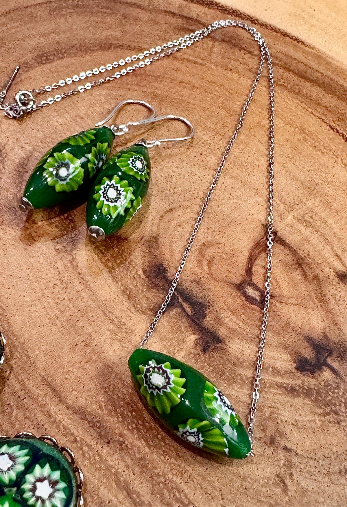 Green with Envy Art Deco Sterling Silver Earrings, Necklace and Vintage Chunky Bracelet Set