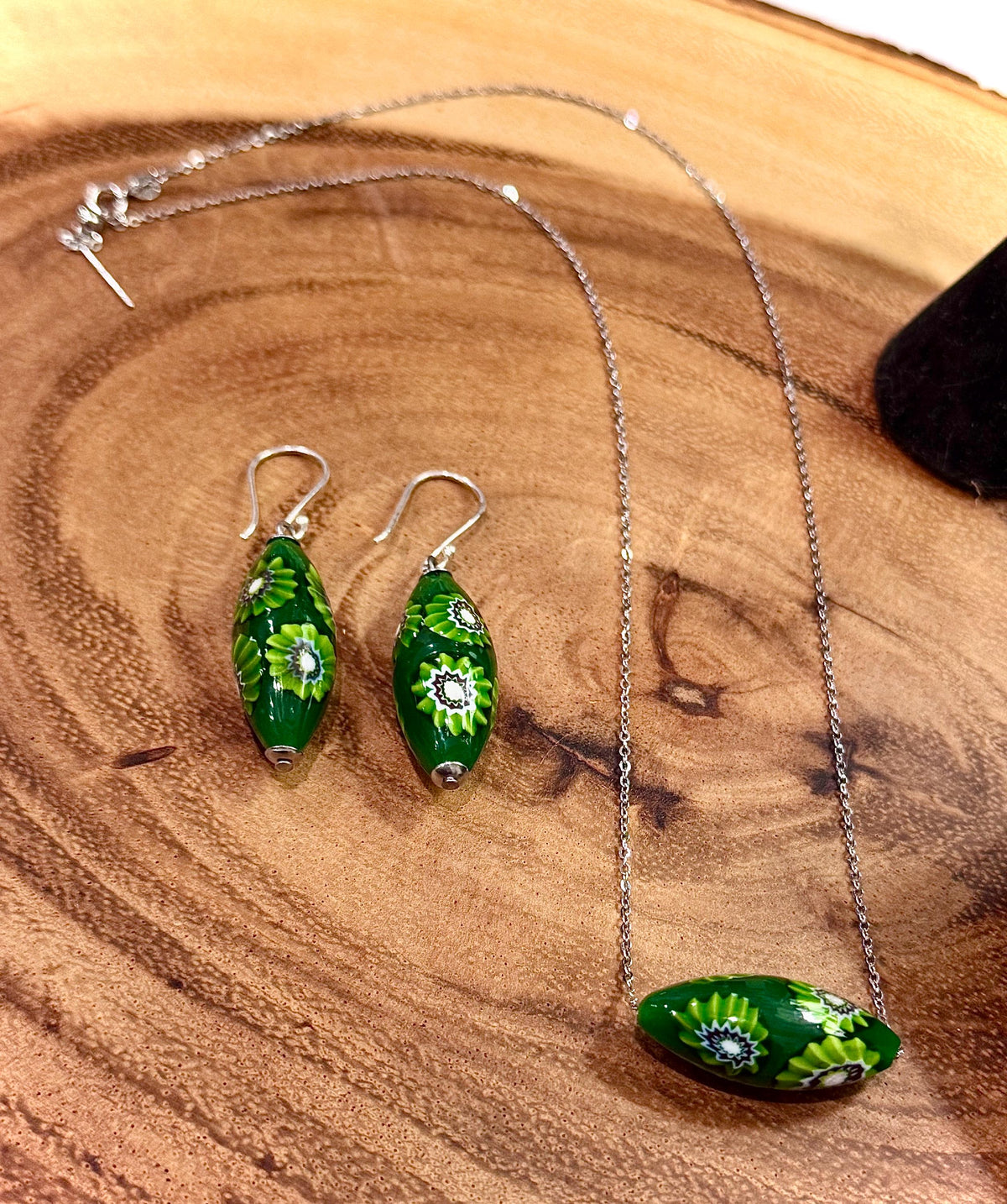 Green with Envy Art Deco Sterling Silver Earrings, Necklace and Vintage Chunky Bracelet Set