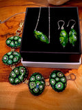 Green with Envy Art Deco Sterling Silver Earrings, Necklace and Vintage Chunky Bracelet Set