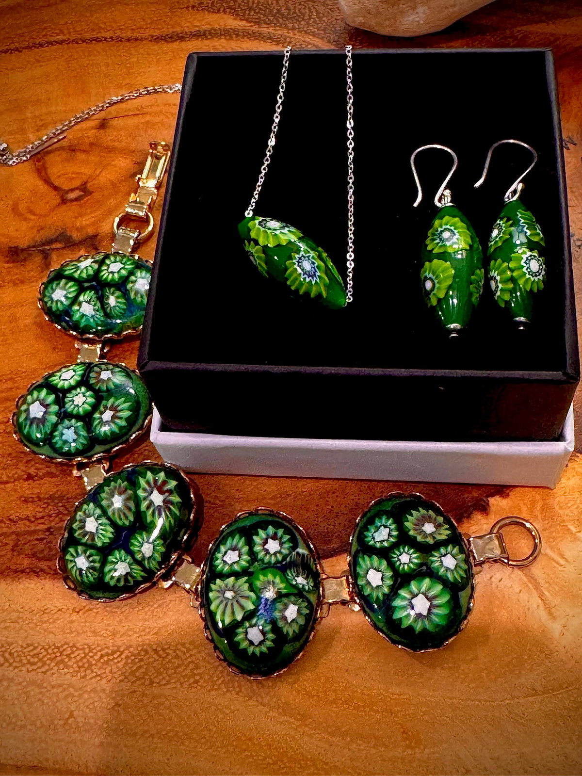 Green with Envy Art Deco Sterling Silver Earrings, Necklace and Vintage Chunky Bracelet Set