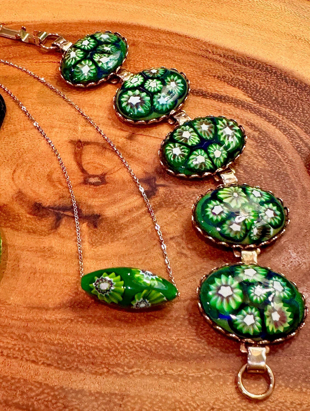 Green with Envy Art Deco Sterling Silver Earrings, Necklace and Vintage Chunky Bracelet Set