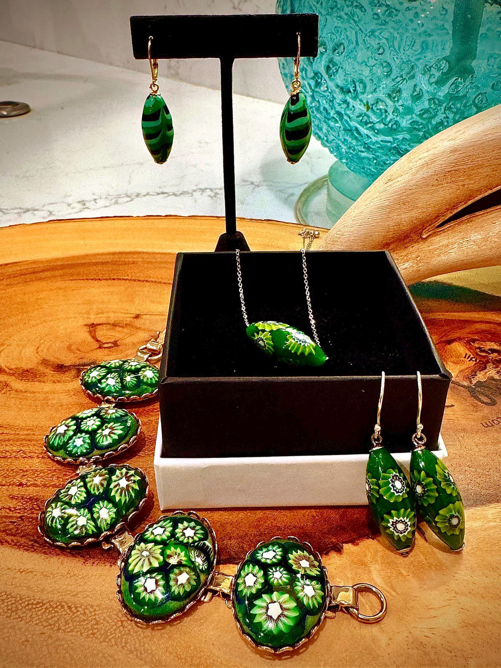 Green with Envy Art Deco Sterling Silver Earrings, Necklace and Vintage Chunky Bracelet Set