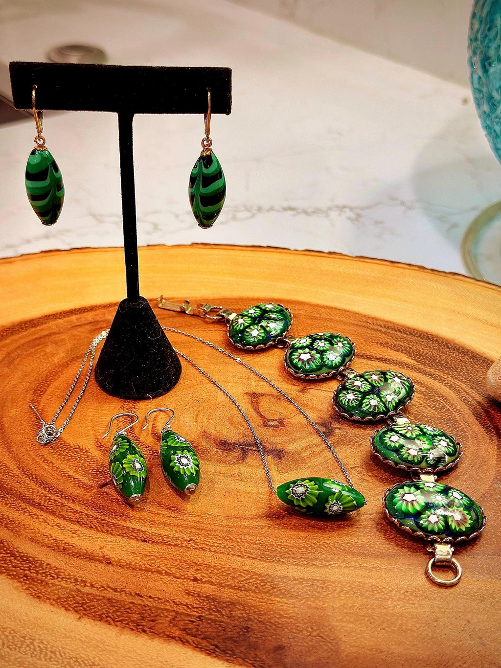 Green with Envy Art Deco Sterling Silver Earrings, Necklace and Vintage Chunky Bracelet Set