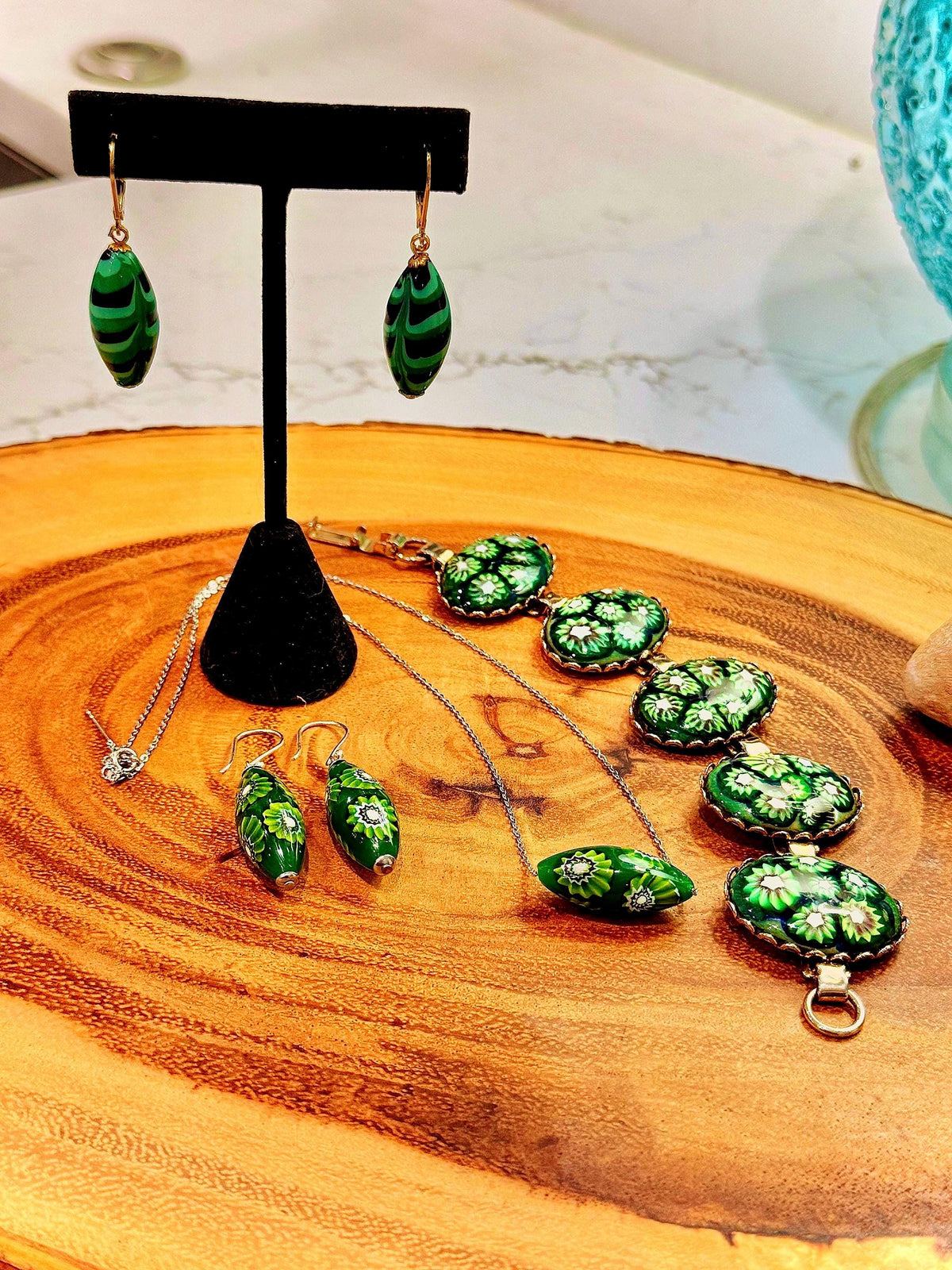 Green with Envy Art Deco Sterling Silver Earrings, Necklace and Vintage Chunky Bracelet Set