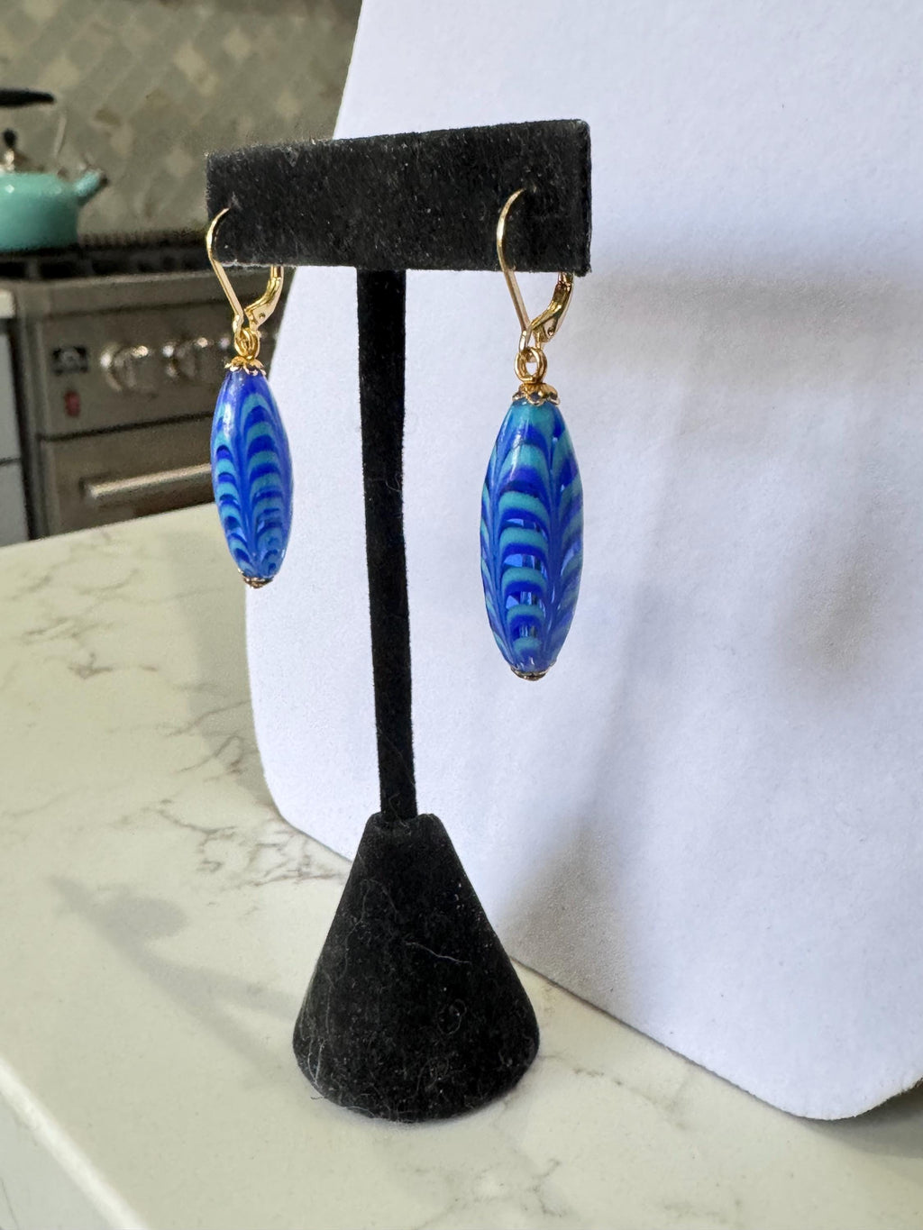 Vintage Millefiori Feathered Bead Earrings, Sterling Silver Vermeil