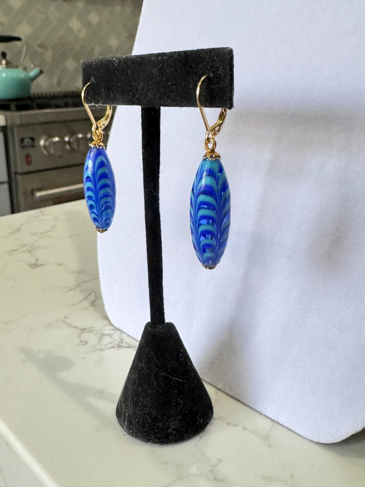 Vintage Millefiori Feathered Bead Earrings, Sterling Silver Vermeil