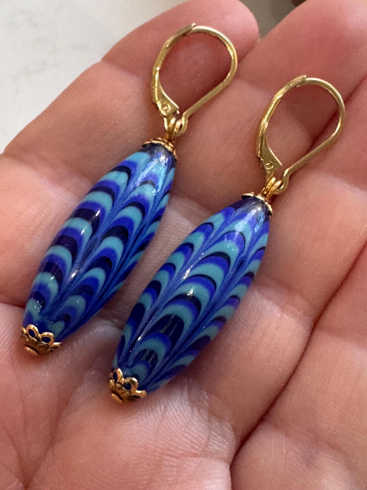 Vintage Millefiori Feathered Bead Earrings, Sterling Silver Vermeil