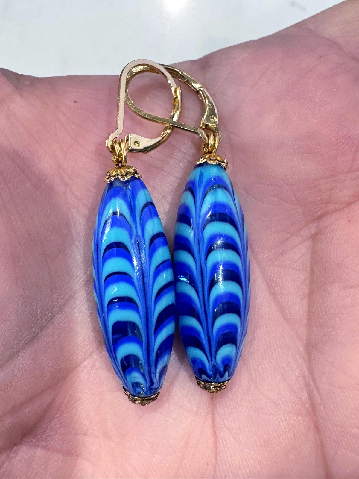 Vintage Millefiori Feathered Bead Earrings, Sterling Silver Vermeil