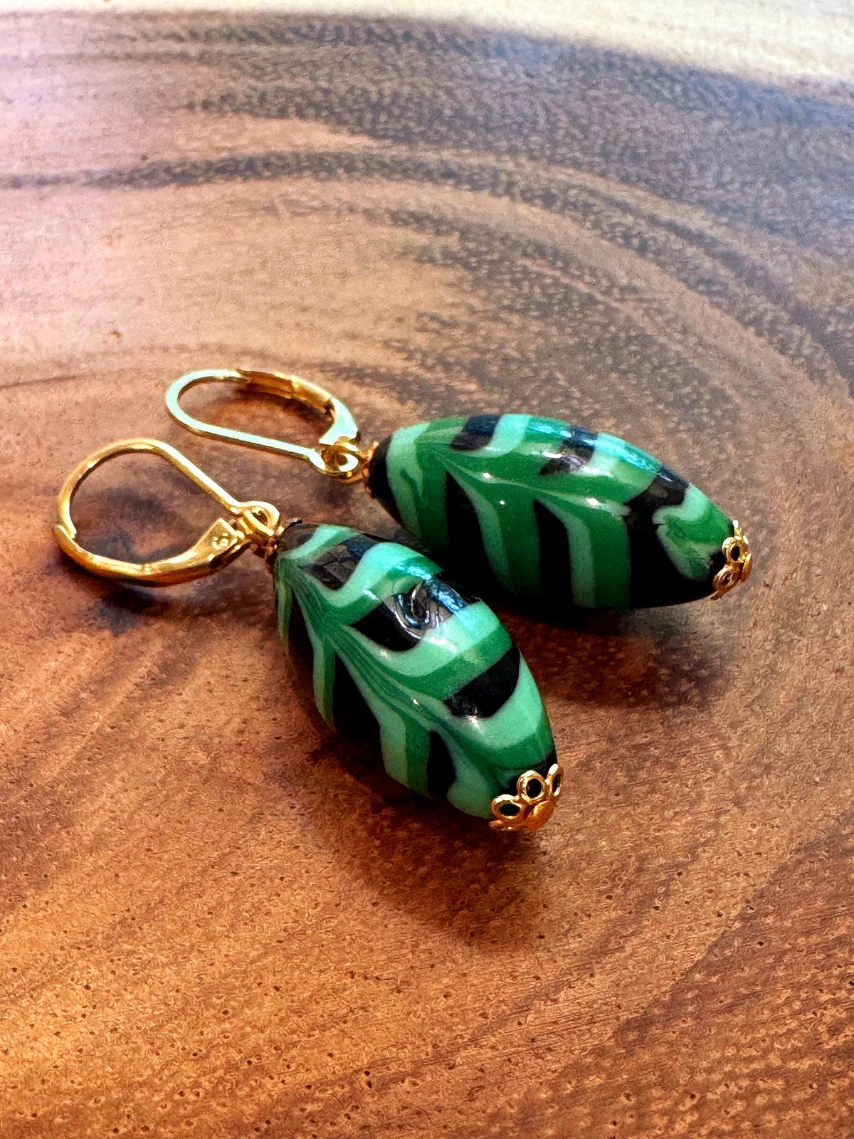 Vintage Murano Millefiori Earrings, Green Feathered Sterling Silver Vermeil