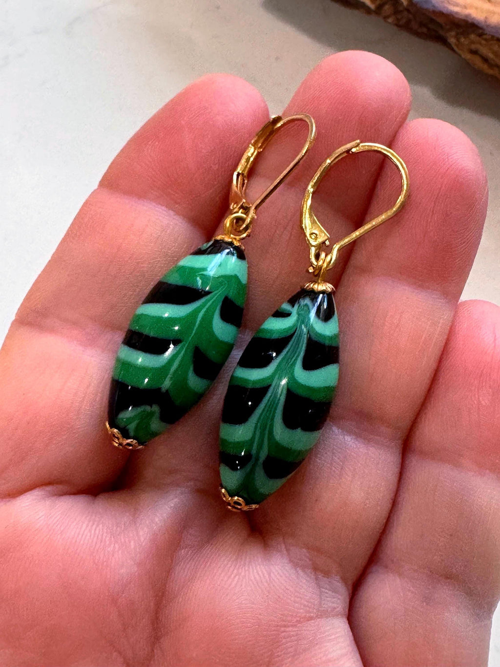Vintage Murano Millefiori Earrings, Green Feathered Sterling Silver Vermeil