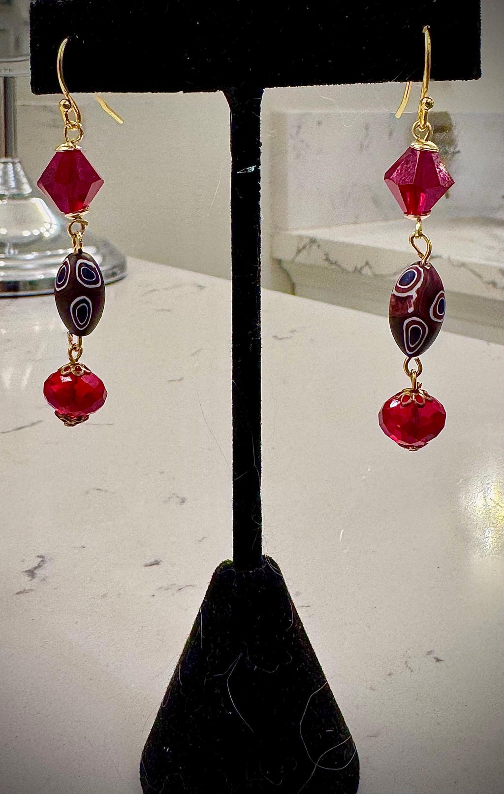 Vintage Ercole Moretti Murano Glass Earrings, Red Crystal, Gold Vermeil