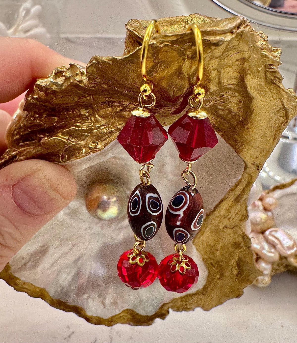 Vintage Ercole Moretti Murano Glass Earrings, Red Crystal, Gold Vermeil